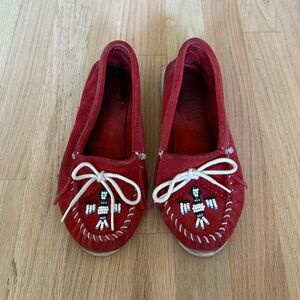 Vintage Minnetonka Red Moccasins with White Beaded Design